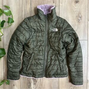 Girls Small 7/8 North Face Olive Green & Lavender Puffer/Plush Jacket